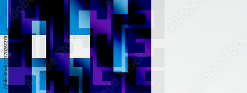 Abstract geometric pattern. Blue, purple hues dominate design. Squares, rectangles create complex visual texture. Minimalist aesthetic.