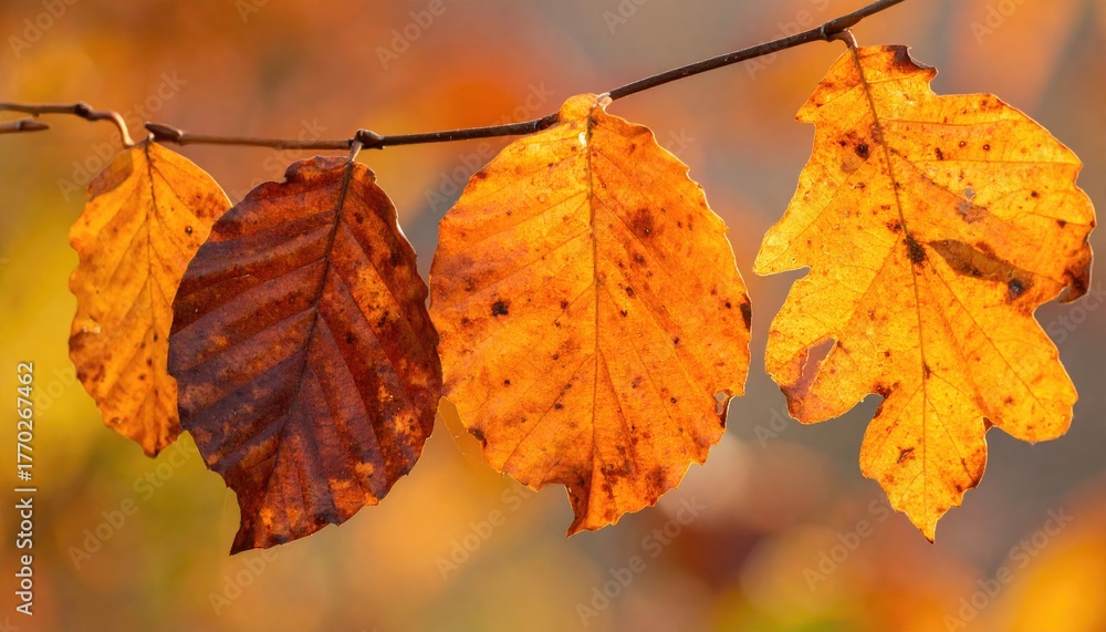 Obraz premium Autumn leaves on branch, warm colors (1)