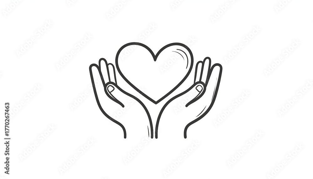 Fototapeta premium Hands cradling a heart symbol, simple outline, monochrome style