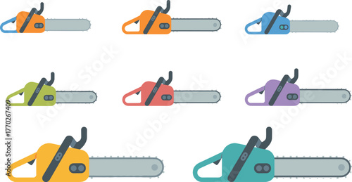 Colorful cartoon chainsaw vector set, isolated construction tools illustration, stylized electric saw icons for hardware, DIY, forestry, and industrial design