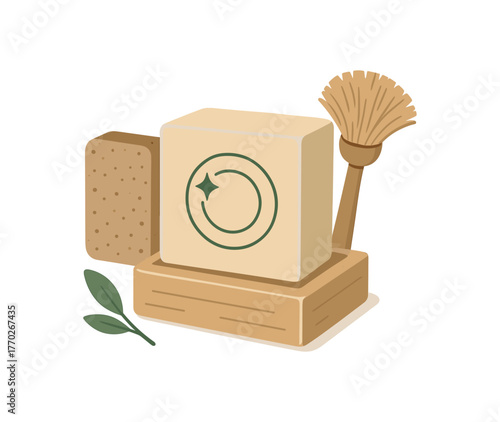 zero waste dishwashing solid soap and sustainable kitchen flat vector illustration style isolated on white background