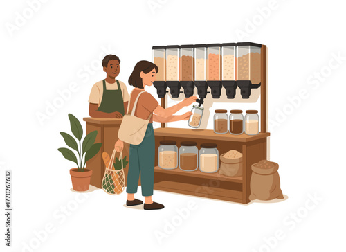 refill corner supermarket sustainable shopping habits and zero waste flat vector illustration style isolated on white background