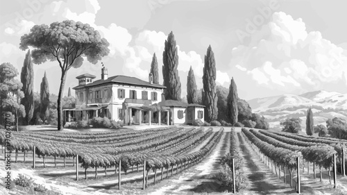 hillside vineyard with a grand Tuscan-style estate surrounded by cypress trees and cultivated grapevines . Generative ai vector colorful illustration.