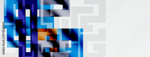 Abstract geometric composition. Blue hues dominate, with orange accent. Squares, rectangles create complex pattern. Minimalist design.