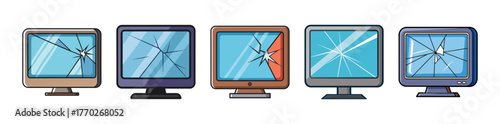 Row of computer monitors with cracked and damaged screens graphic design