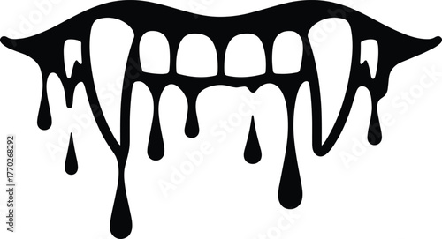 Dripping vampire fangs horror mouth silhouette vector illustration for Halloween design, gothic art, spooky decoration and scary graphics