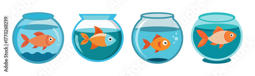 Four goldfish swimming in glass bowls filled with water