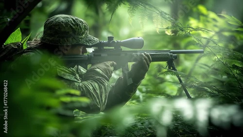 Soldier Aiming a Sniper Rifle in a Forest Environment