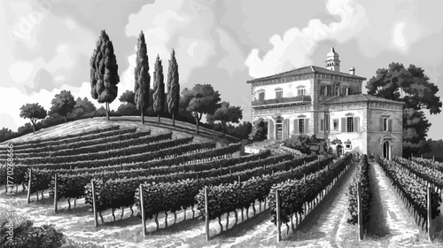 hillside vineyard with a grand Tuscan-style estate surrounded by cypress trees and cultivated grapevines . Generative ai vector colorful illustration.
