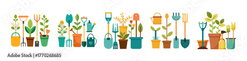 Collection of potted plants and gardening tools in a soft palette