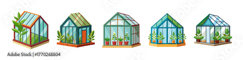 Collection of colorful greenhouses with plants for gardening and growing