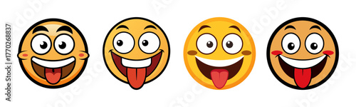 Four silly cartoon faces with eyes wide and tongues sticking out