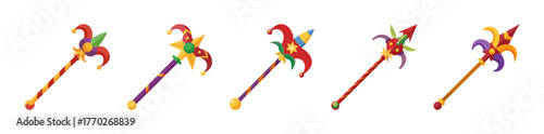 Colorful jester wand with a crowned spire and jewel accents