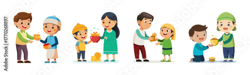 Children receiving money gifts from adults festive occasion celebration