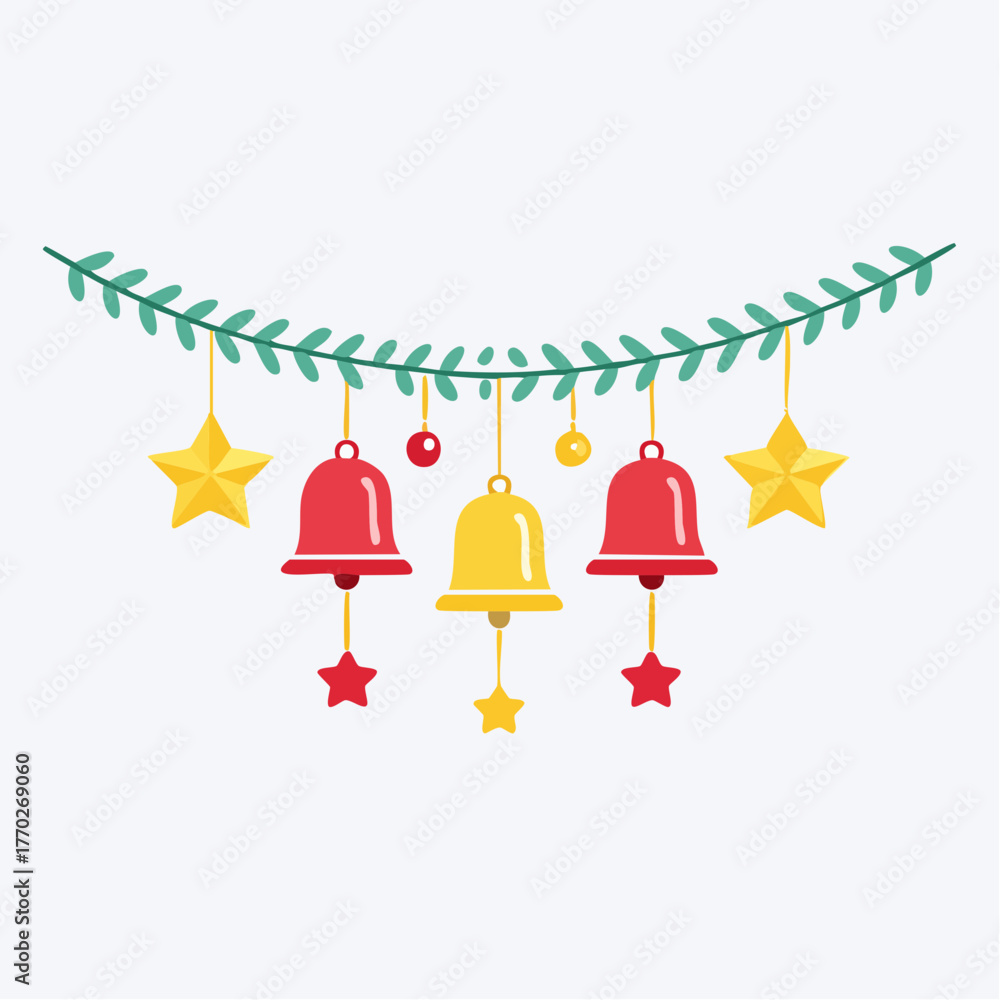 Obraz premium A festive garland with red and yellow bells, stars, and green leaves, perfect for holiday decorations and celebrations.