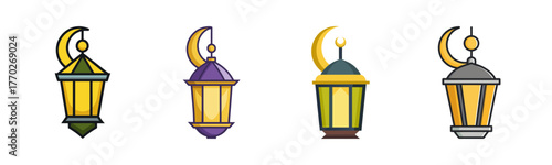 Four festive ramadan lanterns hanging with crescent moons above