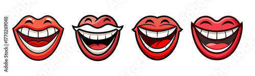 Four stylized laughing mouths with wide open smiles and red lips