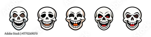 Five skull faces with grinning expressions on