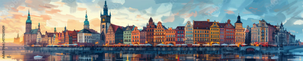 Obraz premium historic European buildings in fall, lined with orange and yellow trees along a riverbank under cloudy skies. Generative ai vector colorful illustration.