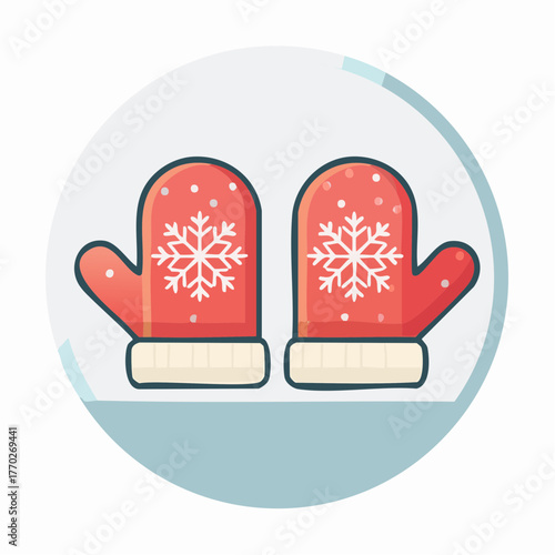 A pair of red winter mittens with white snowflake patterns and light cuffs, presented in a flat design style on a light blue circular background.