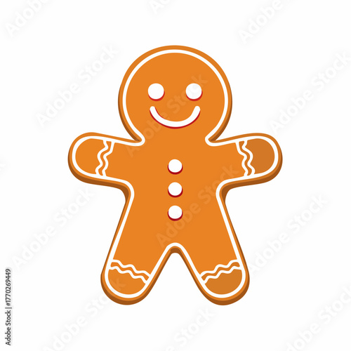 A classic smiling gingerbread man cookie with white icing details isolated on a plain white background.