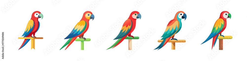 Naklejka premium Colorful macaw parrots perched artistic representation multiple birds