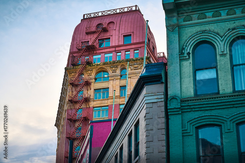 Downtown Vancouver architecture. Historic stone facades. Vancouver, British Columbia, Canada.