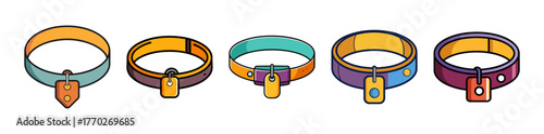 Collection of five colorful pet collars with identification tags