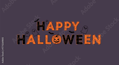 A festive Happy Halloween greeting banner featuring spooky hand-drawn typography with ghosts, bats, and a jack-o'-lantern on a dark purple background