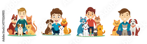 Joyful people with their beloved dogs and cats companions