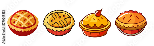 Four delicious pies with golden crusts and fruit filling
