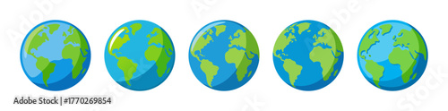 Five simple earth planet graphics in a row with soft hues
