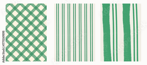 Green retro checkered and striped seamless backgrounds with textured design. Concept of St. Patrick Day, picnic style, vintage textile, and decorative pattern. Flat vector illustration.