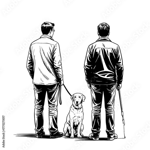 A blind man stands with a cane, a guide dog next to him, a black and white sketch. Vector illustration. A rescue service dog and a disabled person, isolated on a white background.