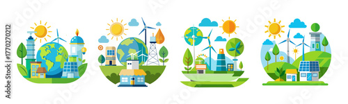 Clean energy future with green homes and nature elements