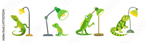 Green reptiles basking under heat lamps in simple art style