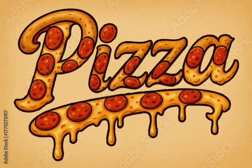 pizza text design with melting cheese and pepperoni slices shaped into the word Pizza on a warm background.. Generative ai vector colorful illustration.