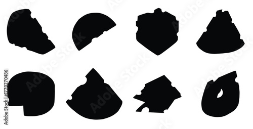 Swiss cheese or Emmental cheese flat icon for food apps and websites. Swiss cheese wedge icon. Black food silhouette with holes. Dairy product vector illustration.