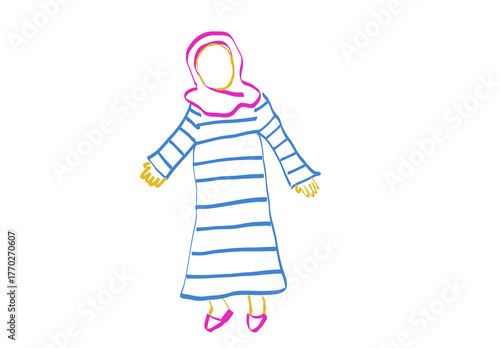 A girl in white blue strip dress and hijab, png transparent background