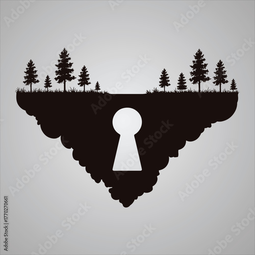 Silhouette of pine trees and grass on a floating island with a keyhole cutout vector