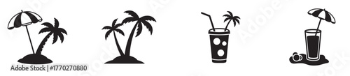 Silhouettes of the beach. Four beach umbrella and lounge chair vacation silhouettes,
 vector illustration.