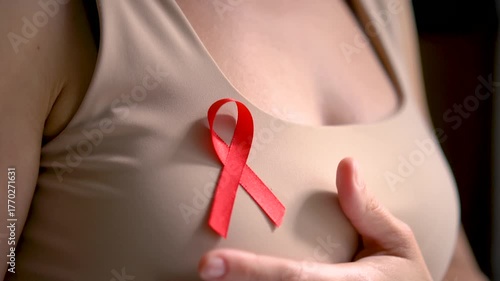 Close up of red ribbon pinned on woman shirt. Symbol of AIDS and HIV awareness, health prevention, and global support. December month of compassion, protection, and unity for people.