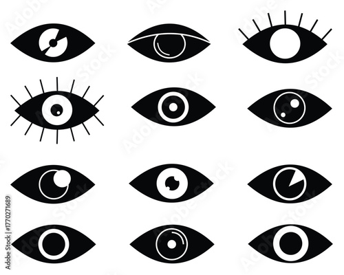 Eye Symbol Collection — Modern Line and Flat Style Icons for Vision, Security, and Interface Design