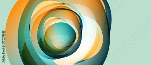 Abstract layers create swirling, colorful design. Orange, teal, white hues blend, forming dynamic circular pattern. Text reads background design.