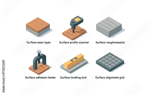 isometric icon items isolated on white background surface wear layer surface profile scanner surface roughness comparator surface adhesion tester surface leveling tool surface alignment grid