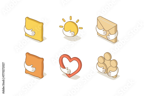 isometric icon items isolated on white background hugs pillow corner hugs warmth glow hugs envelope icon hugs comfort cushion hugs heart outline hugs group circle