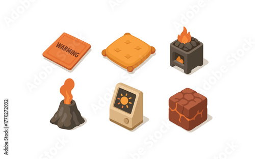 isometric icon items isolated on white background warmth hand warmer packet warmth heated cushion warmth sauna stove warmth geothermal vent warmth sunbeam analyzer warmth emberstone