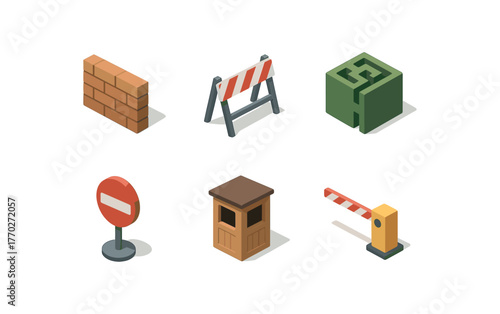 isometric icon items isolated on white background impassability barrier impassability blockade fence impassability thicket maze impassability choke point marker impassability guard post