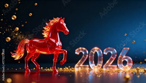 Vibrant red horse figurine stands beside sparkling 2026 numbers, creating a festive atmosphere with golden particles and a deep blue background, symbolizing celebration and new beginnings