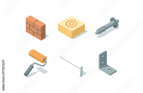 isometric icon items isolated on white background brick veneer insulation foam anchoring bolt paint roller baseboard molding bracket support